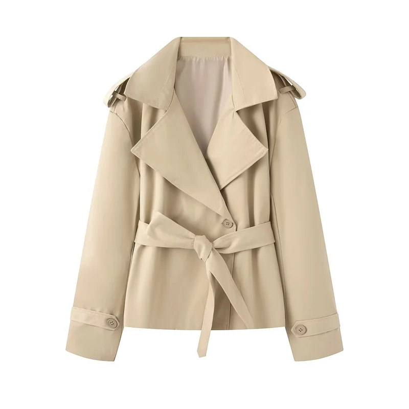 Damen Kurz geschnittener Trenchcoat mit Taillengürtel und breitem Revers Nord Taschen