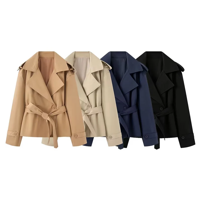 Damen Kurz geschnittener Trenchcoat mit Taillengürtel und breitem Revers Nord Taschen