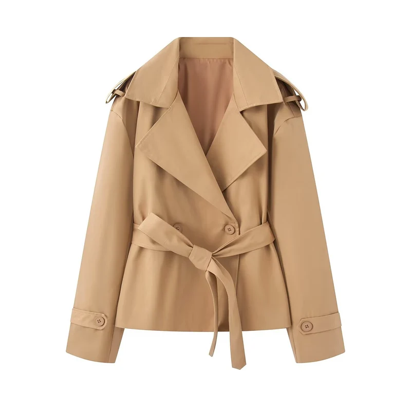 Damen Kurz geschnittener Trenchcoat mit Taillengürtel und breitem Revers Nord Taschen