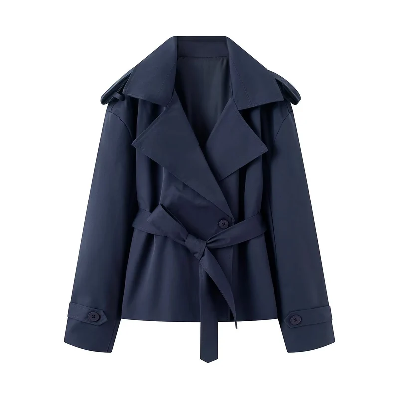 Damen Kurz geschnittener Trenchcoat mit Taillengürtel und breitem Revers Nord Taschen