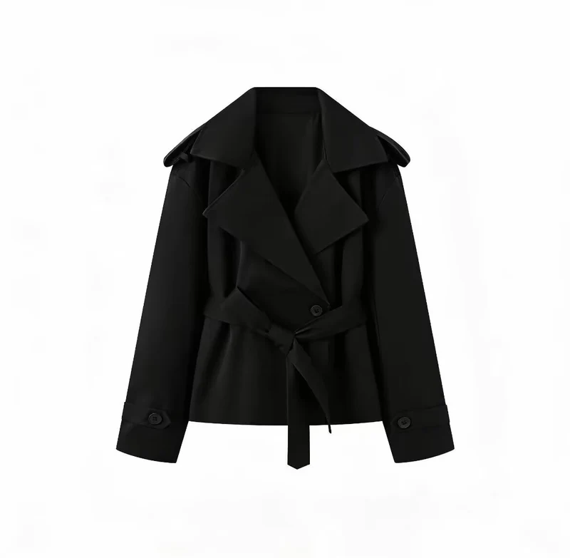 Damen Kurz geschnittener Trenchcoat mit Taillengürtel und breitem Revers Nord Taschen