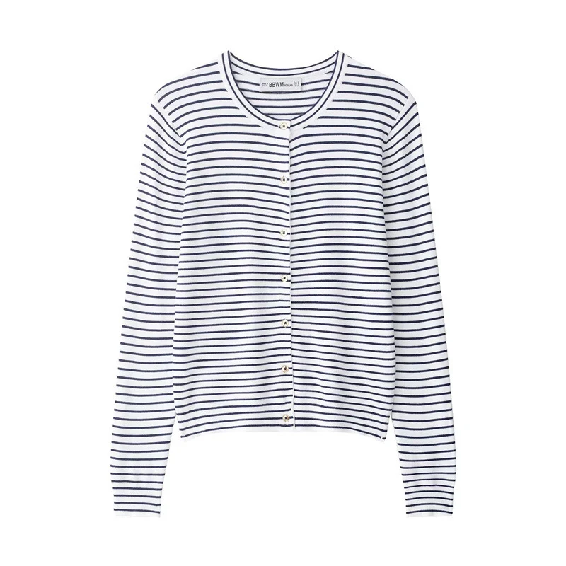 Damen Feinstrick-Cardigan mit maritimem Streifenmuster, Rundhalsausschnitt und Perlmuttknopfleiste Nord Taschen