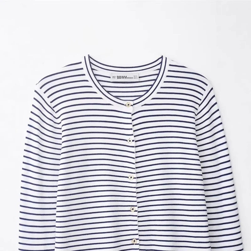 Damen Feinstrick-Cardigan mit maritimem Streifenmuster, Rundhalsausschnitt und Perlmuttknopfleiste Nord Taschen