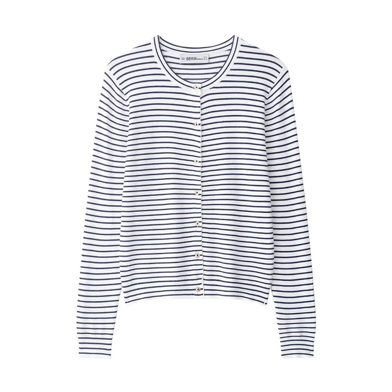 Damen Feinstrick-Cardigan mit maritimem Streifenmuster, Rundhalsausschnitt und Perlmuttknopfleiste Nord Taschen