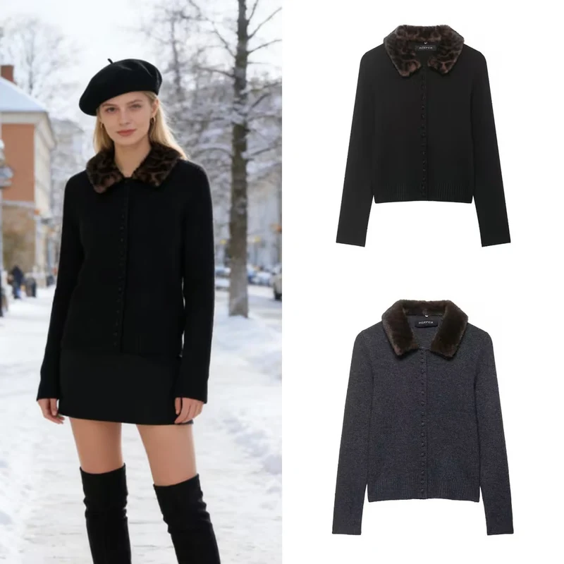 Damen Feinstrick-Cardigan mit Kunstpelzkragen und verdeckter Knopfleiste Nord Taschen