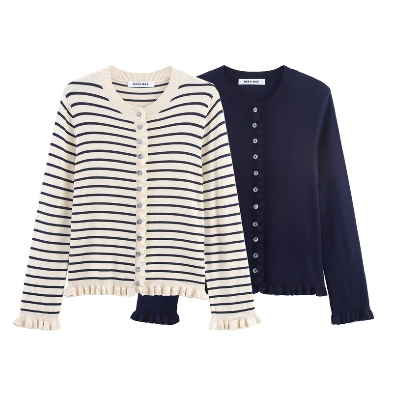 Damen Feiner Strickcardigan mit Rüschenblende und Perlmuttknöpfen Nord Taschen