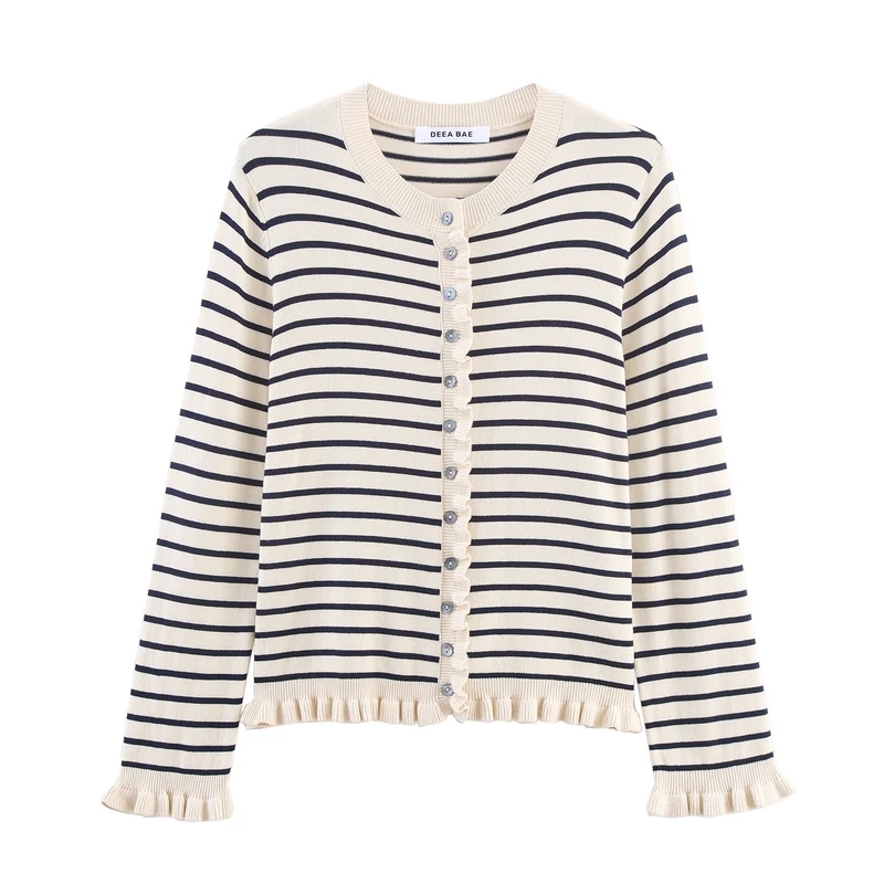 Damen Feiner Strickcardigan mit Rüschenblende und Perlmuttknöpfen Nord Taschen