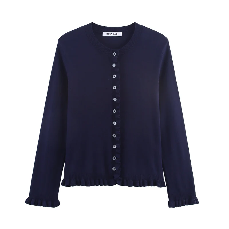 Damen Feiner Strickcardigan mit Rüschenblende und Perlmuttknöpfen Nord Taschen