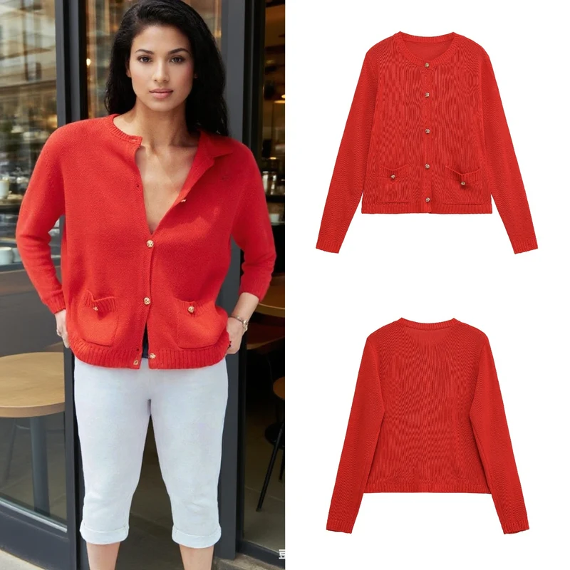 Damen Feiner Strick-Cardigan mit Zierknöpfen, Rundhalsausschnitt und aufgesetzten Taschen Nord Taschen