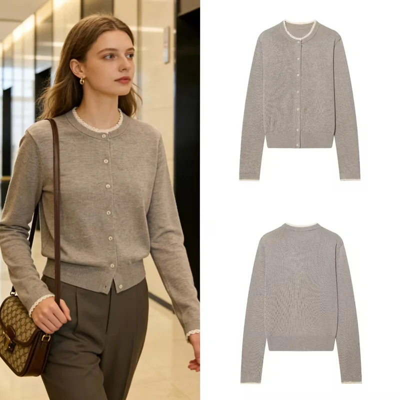 Damen Feiner Strick-Cardigan mit Rundhalsausschnitt, Knopfleiste und Spitzenbesatz Nord Taschen