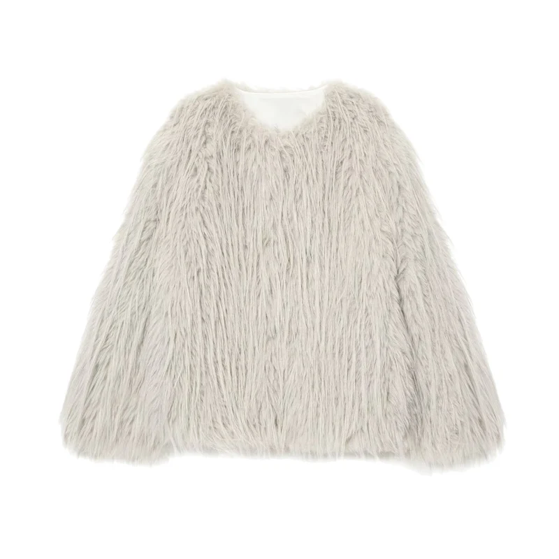 Damen Faux-Fur-Pelzjacke mit langem Shaggy-Fell und Rundhalsausschnitt Nord Taschen