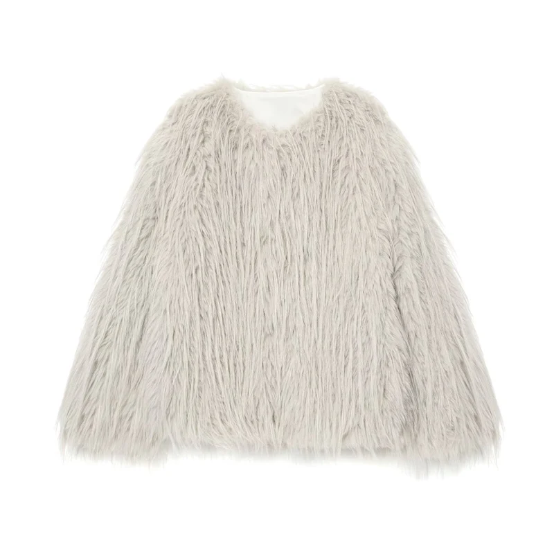 Damen Faux-Fur-Pelzjacke mit langem Shaggy-Fell und Rundhalsausschnitt Nord Taschen