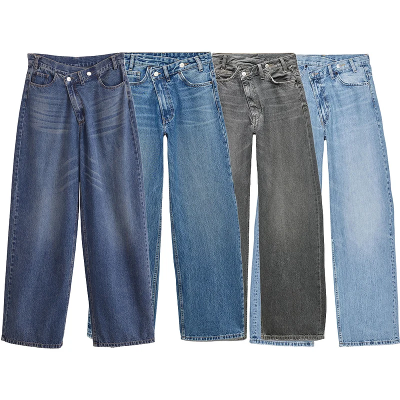 Damen Hochtaillierte weite Denim-Jeans mit asymmetrischem Bund und Culotte-Schnitt Nord Taschen