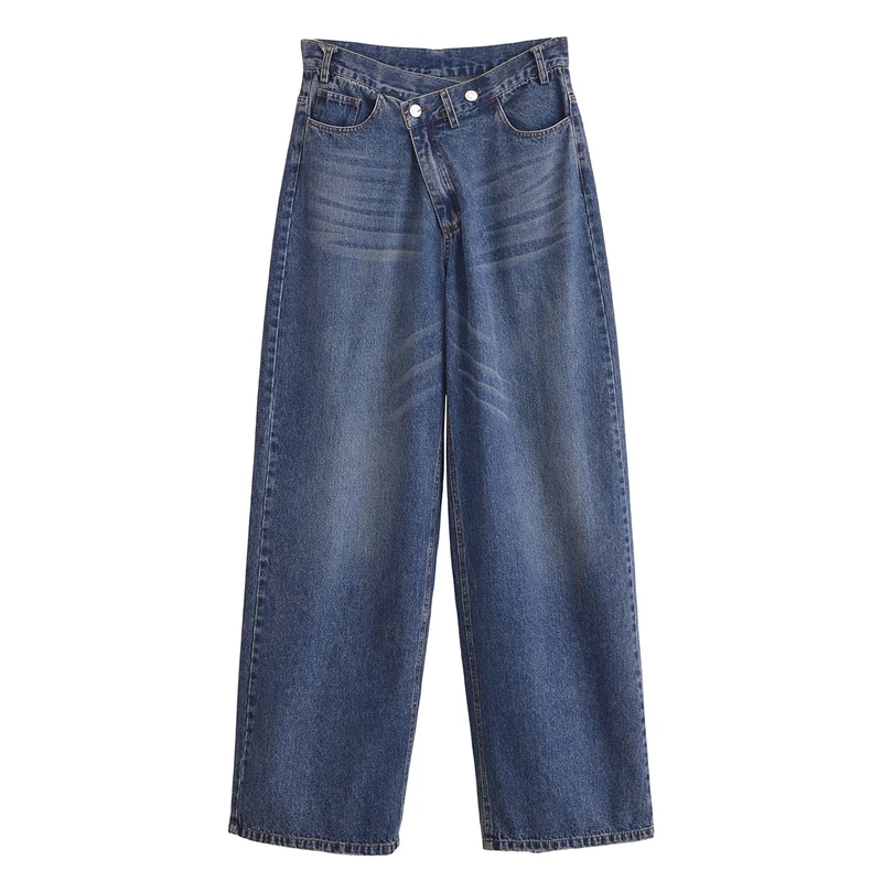 Damen Hochtaillierte weite Denim-Jeans mit asymmetrischem Bund und Culotte-Schnitt Nord Taschen