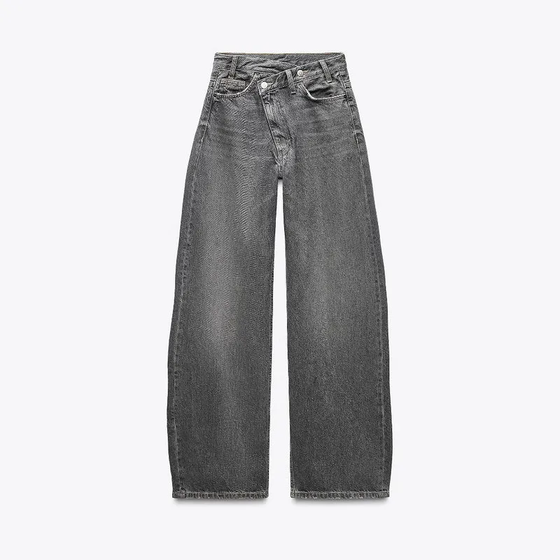 Damen Hochtaillierte weite Denim-Jeans mit asymmetrischem Bund und Culotte-Schnitt Nord Taschen
