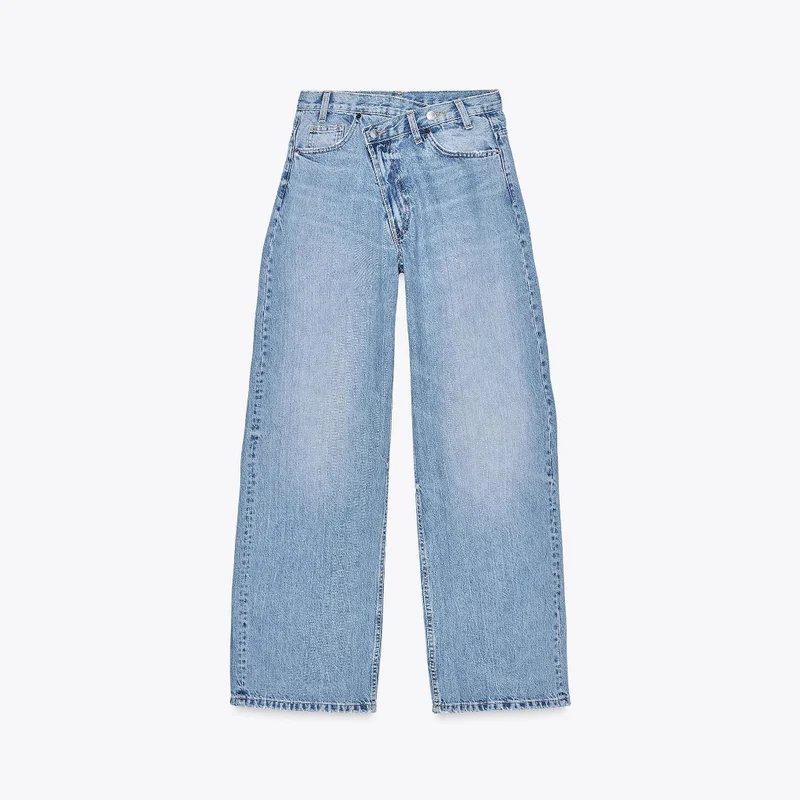 Damen Hochtaillierte weite Denim-Jeans mit asymmetrischem Bund und Culotte-Schnitt Nord Taschen