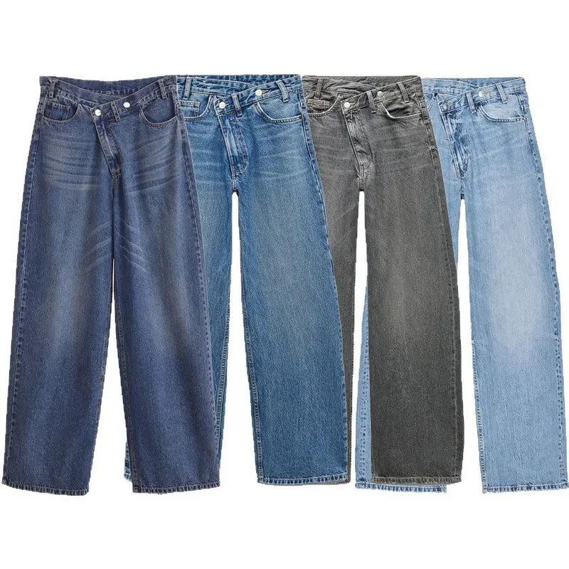 Damen Hochtaillierte weite Denim-Jeans mit asymmetrischem Bund und Culotte-Schnitt Nord Taschen