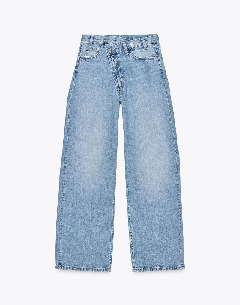 Damen Hochtaillierte weite Denim-Jeans mit asymmetrischem Bund und Culotte-Schnitt Nord Taschen