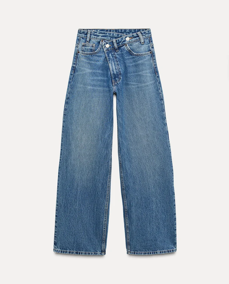 Damen Hochtaillierte weite Denim-Jeans mit asymmetrischem Bund und Culotte-Schnitt Nord Taschen