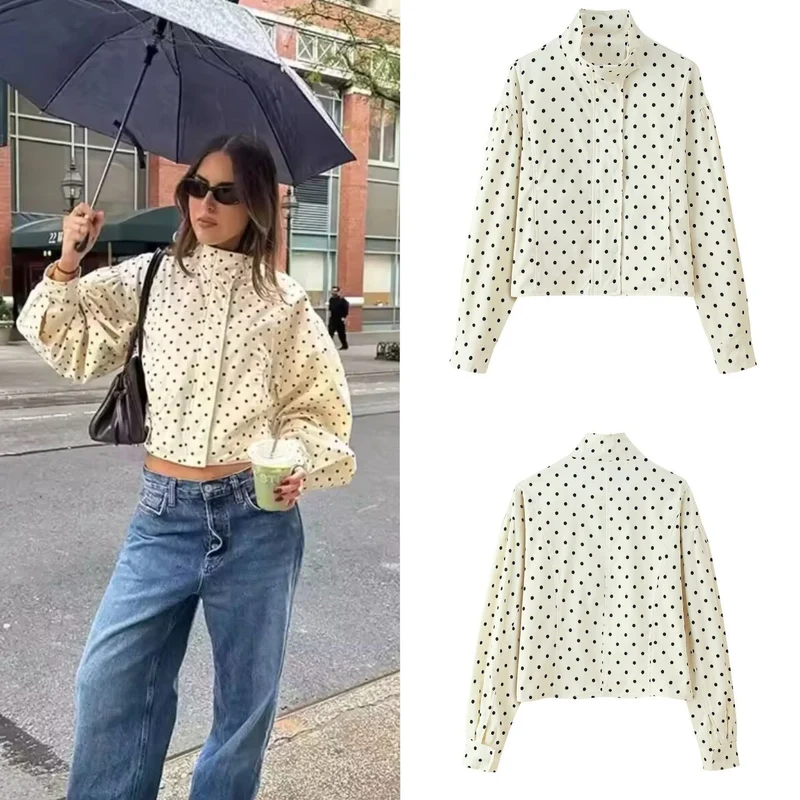 Damen Kurzjacke mit Stehkragen, kastiger Cropped-Schnitt und Punkteprint Nord Taschen