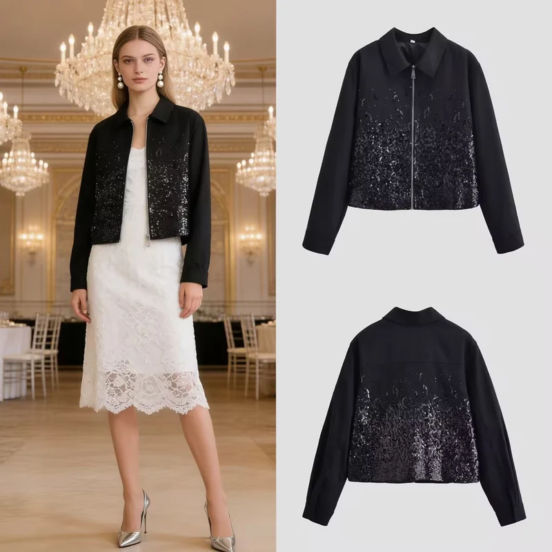 Damen Kurzjacke mit durchgehendem Reißverschluss und Paillettenfront Nord Taschen