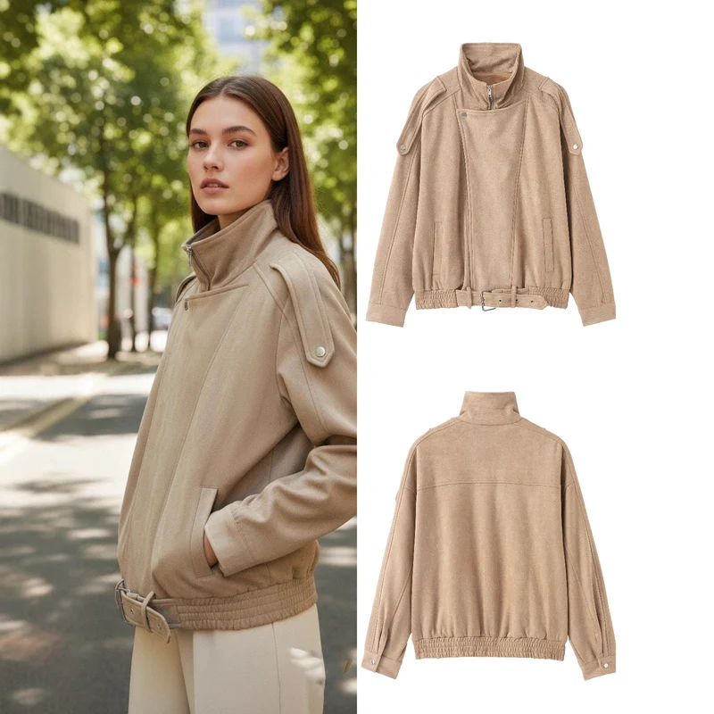 Damen Kurzjacke im Wildleder‑Look mit hohem Stehkragen, Schulterklappen und Taillengürtel Nord Taschen