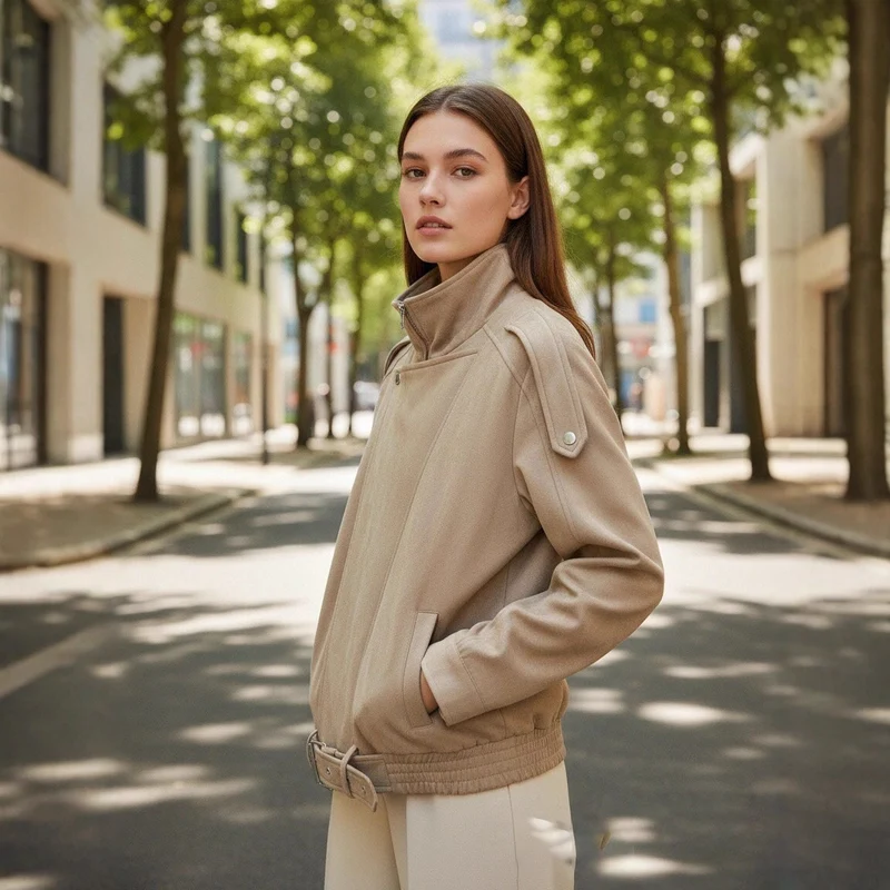 Damen Kurzjacke im Wildleder‑Look mit hohem Stehkragen, Schulterklappen und Taillengürtel Nord Taschen