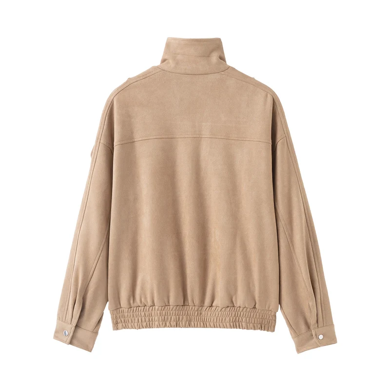 Damen Kurzjacke im Wildleder‑Look mit hohem Stehkragen, Schulterklappen und Taillengürtel Nord Taschen