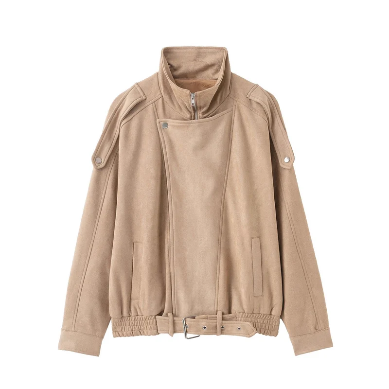 Damen Kurzjacke im Wildleder‑Look mit hohem Stehkragen, Schulterklappen und Taillengürtel Nord Taschen