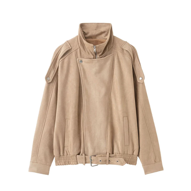 Damen Kurzjacke im Wildleder‑Look mit hohem Stehkragen, Schulterklappen und Taillengürtel Nord Taschen