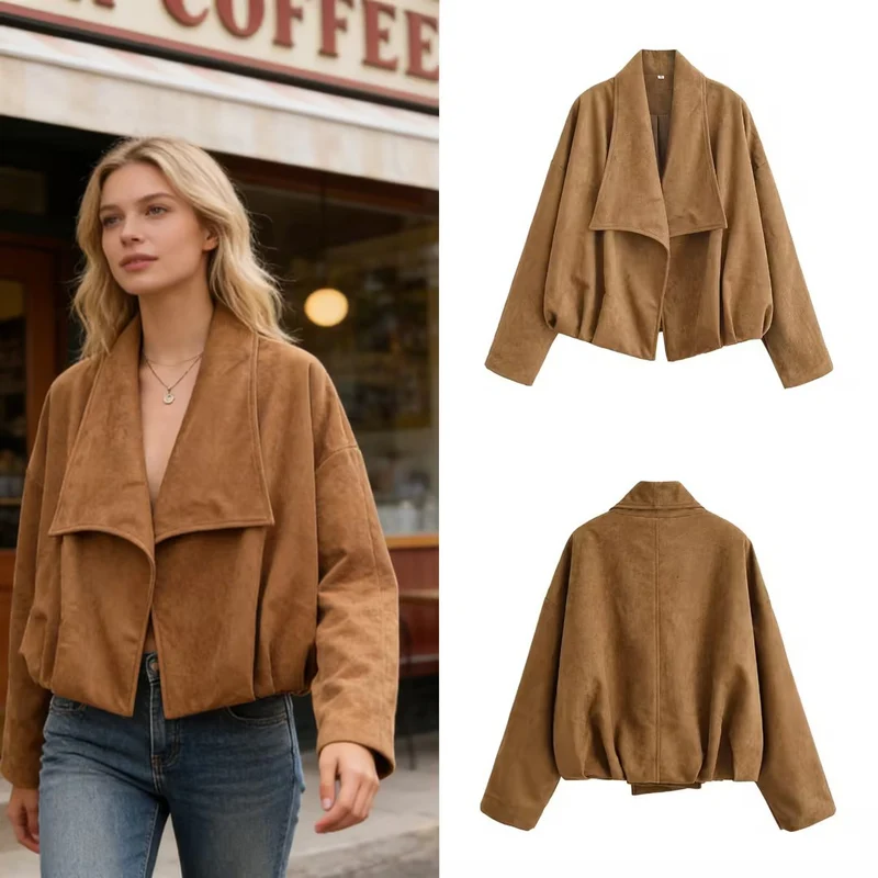Damen Kurzjacke im Waterfall‑Look mit weichem Veloursfinish und weitem Schalkragen Nord Taschen
