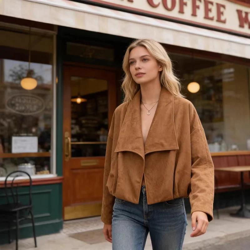 Damen Kurzjacke im Waterfall‑Look mit weichem Veloursfinish und weitem Schalkragen Nord Taschen