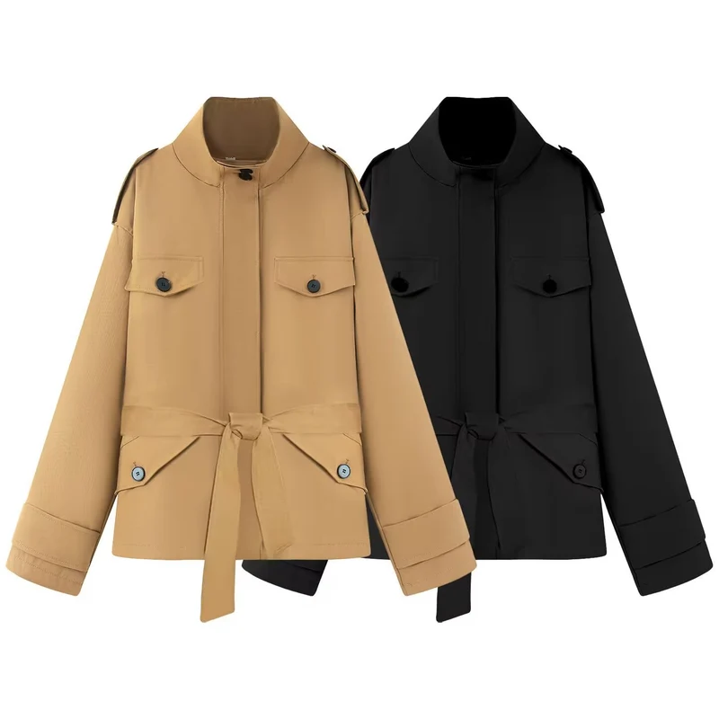 Damen Kurzjacke im Utility‑Stil mit Taillengürtel und Pattentaschen Nord Taschen
