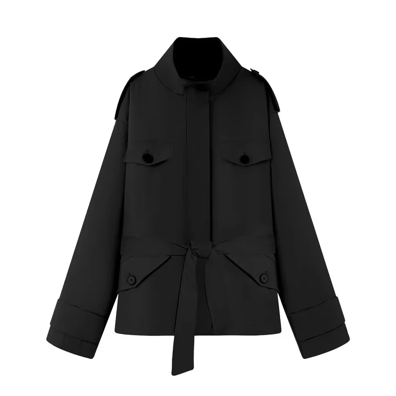 Damen Kurzjacke im Utility‑Stil mit Taillengürtel und Pattentaschen Nord Taschen