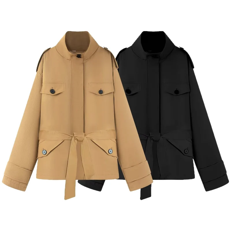 Damen Kurzjacke im Utility‑Stil mit Taillengürtel und Pattentaschen Nord Taschen