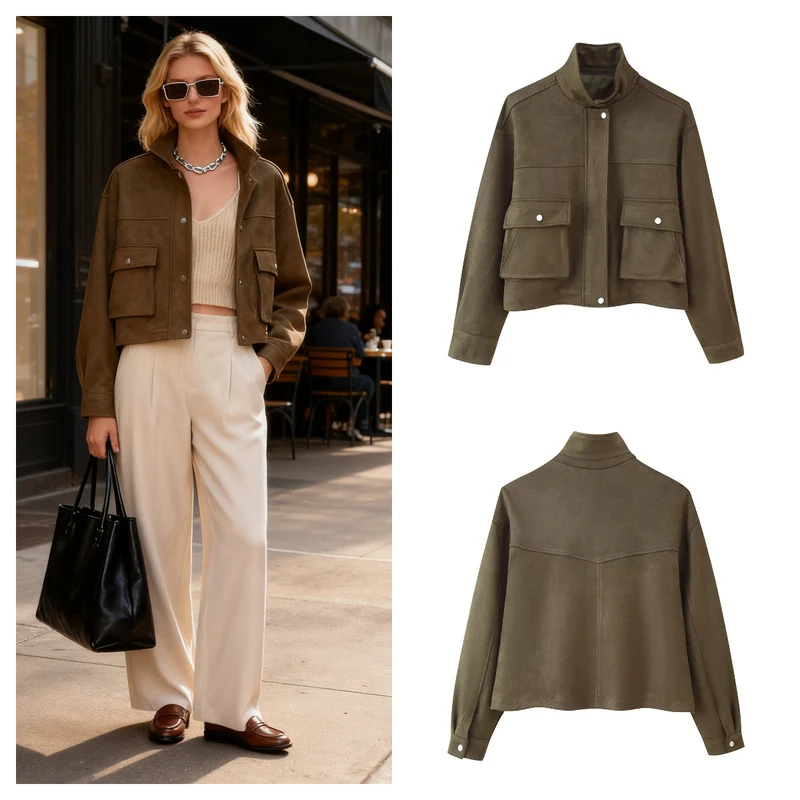 Damen Kurzjacke im Utility‑Stil aus Wildlederoptik mit Stehkragen und Cargo‑Klappentaschen Nord Taschen