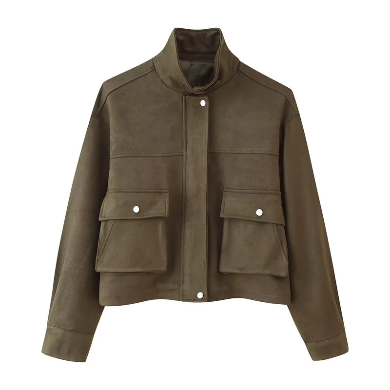 Damen Kurzjacke im Utility‑Stil aus Wildlederoptik mit Stehkragen und Cargo‑Klappentaschen Nord Taschen