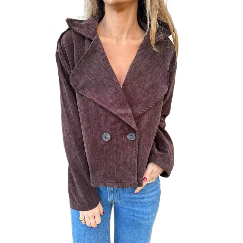 Damen Kurzblazer aus Cord mit weitem Schalkragen und Doppelknopfverschluss Nord Taschen