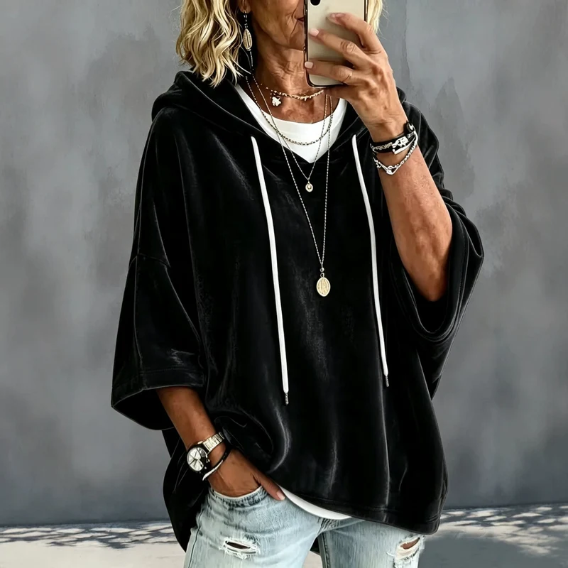 Damen Kurzärmeliges Oversize-Samt-Kapuzenoberteil mit Kordelzug Nord Taschen
