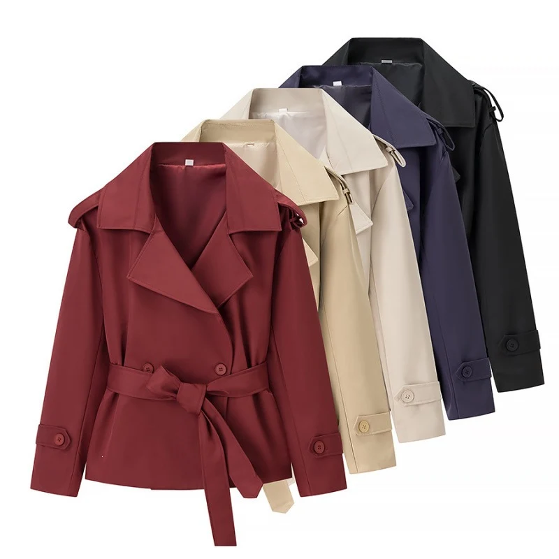 Damen Kurz-Trenchcoat mit Bindegürtel und doppelreihiger Knopfleiste Nord Taschen