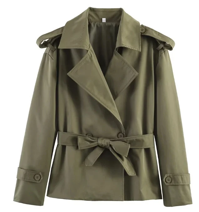 Damen Kurz-Trenchcoat mit Bindegürtel und doppelreihiger Knopfleiste Nord Taschen