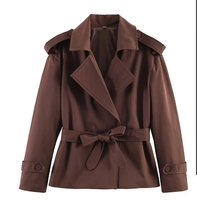 Damen Kurz-Trenchcoat mit Bindegürtel und doppelreihiger Knopfleiste Nord Taschen