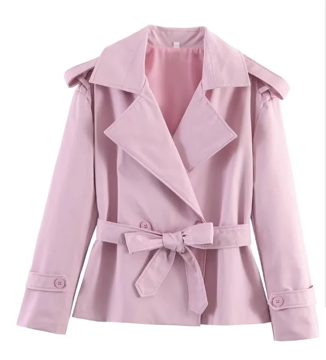 Damen Kurz-Trenchcoat mit Bindegürtel und doppelreihiger Knopfleiste Nord Taschen
