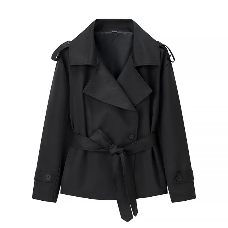 Damen Kurz-Trenchcoat mit Bindegürtel und doppelreihiger Knopfleiste Nord Taschen