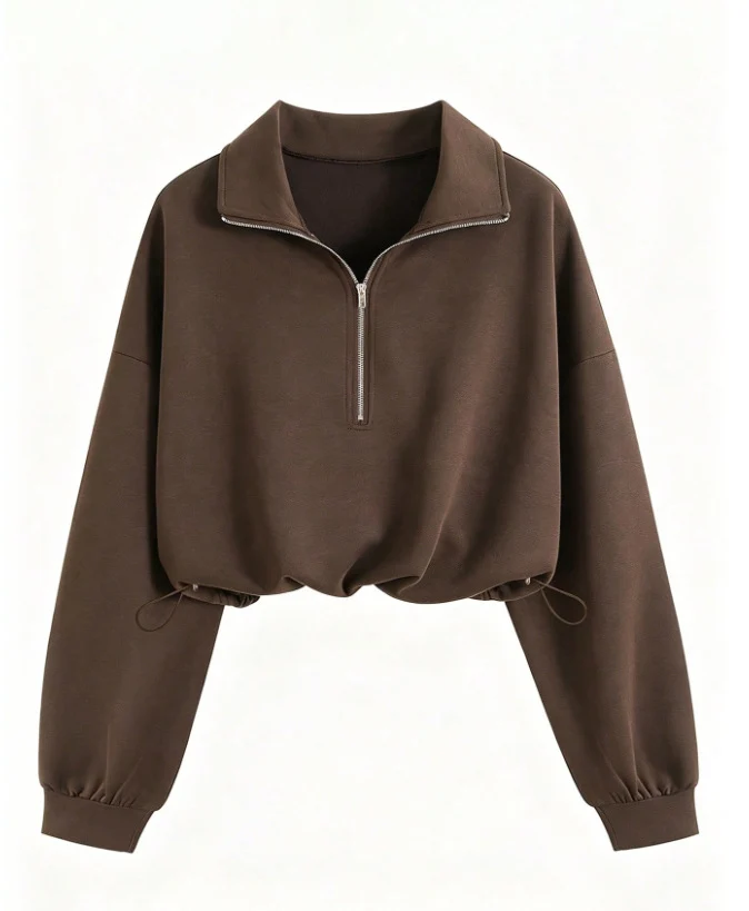 Damen Kurz geschnittenes Halbzip-Sweatshirt im Oversize-Schnitt mit Tunnelzug Nord Taschen