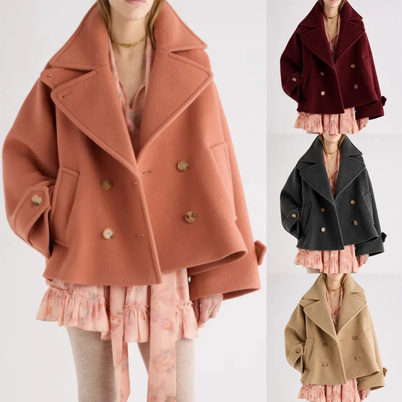 Damen Kurz geschnittener Oversize Peacoat aus Wollmix mit breitem Revers Nord Taschen