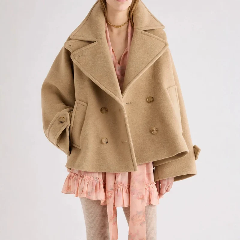 Damen Kurz geschnittener Oversize Peacoat aus Wollmix mit breitem Revers Nord Taschen