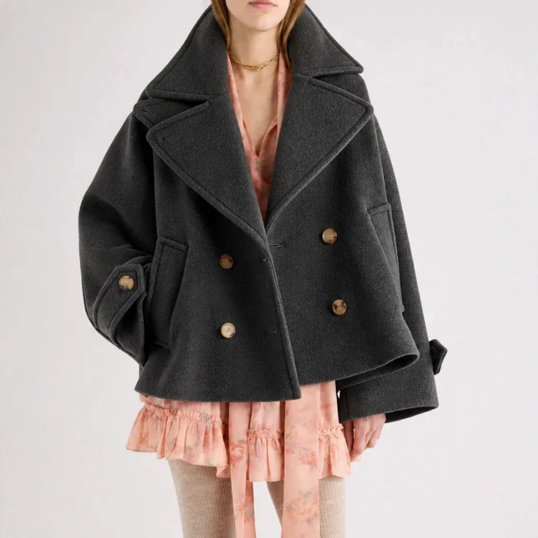 Damen Kurz geschnittener Oversize Peacoat aus Wollmix mit breitem Revers Nord Taschen