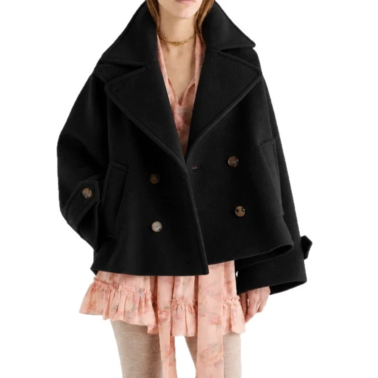 Damen Kurz geschnittener Oversize Peacoat aus Wollmix mit breitem Revers Nord Taschen