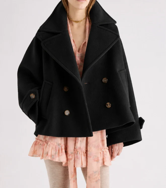 Damen Kurz geschnittener Oversize Peacoat aus Wollmix mit breitem Revers Nord Taschen